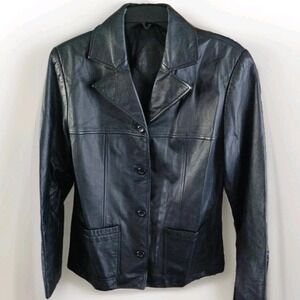 Jacqueline Ferrar Black Leather Blazer Jacket Womens Med Button Front 90s Style